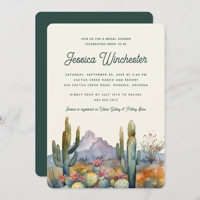 Modern Teal Green  Desert Cactus Bridal Shower  Invitation (Front/Back)