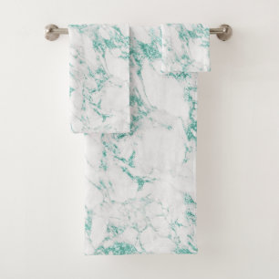 Modern Teal Green Glitter Metal Foil White Marble Bath Towel Set
