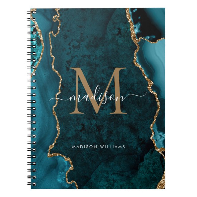 Modern Teal Green Gold Agate Geode Monogram Script Notebook (Front)