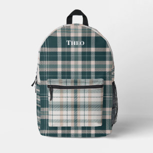 Modern teal green plaid with name printed backpack