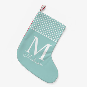 Modern teal green polka dot pattern name monogram small christmas stocking