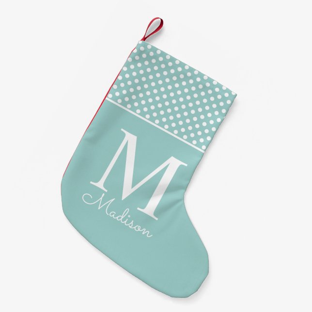 Modern teal green polka dot pattern name monogram small christmas stocking (Front (Hanging))