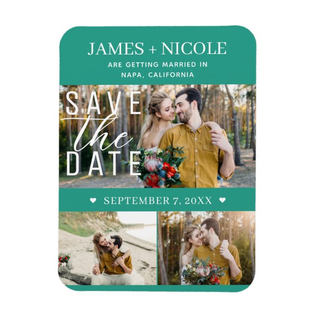 Modern Teal Green Save the Date Wedding 3 Photos Magnet (Vertical)