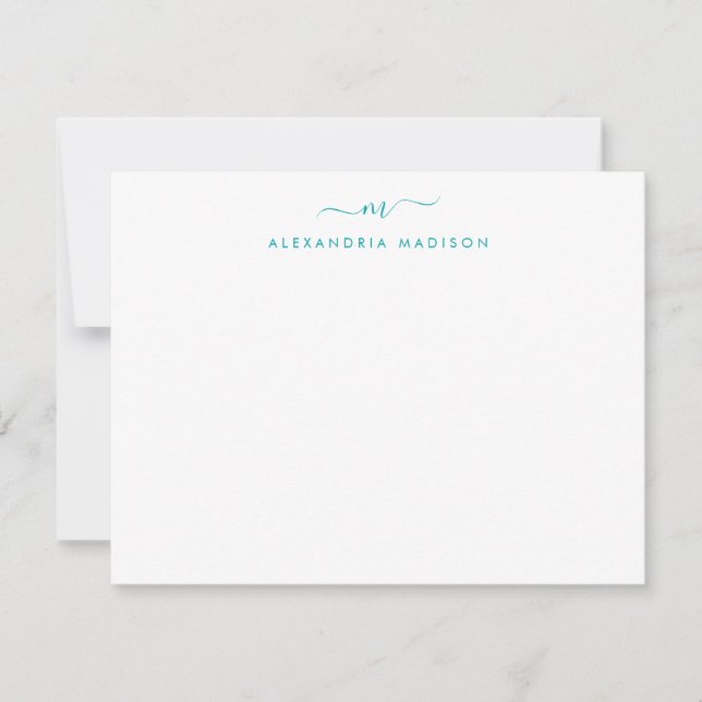 Modern Teal Green Script Monogram Swash Stationery Card (Front)