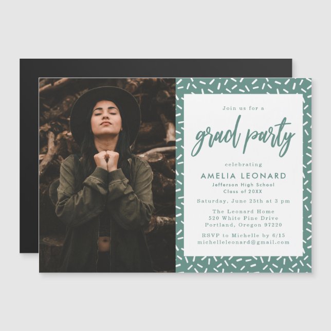Modern Teal Green Script Photo Graduation Party Magnetic Invitation (Front/Back)