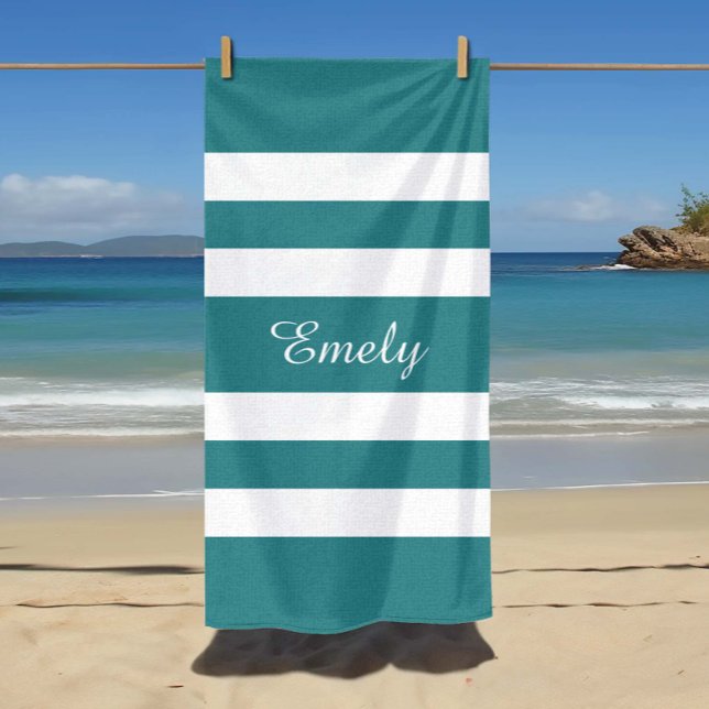  Modern Teal Green Striped Beach Towel (Custom Name Modern Teal Green Striped Beach Towel)