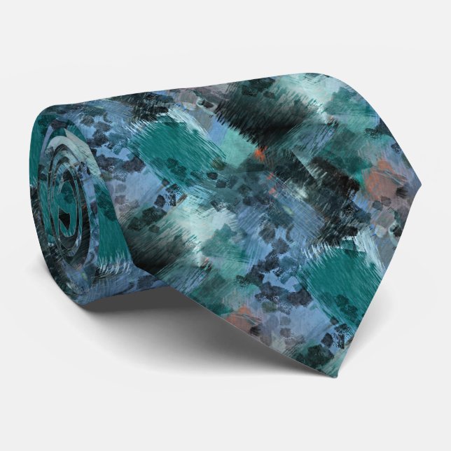 Modern Teal Green Violet Blue Brushstrokes Art Tie (Rolled)