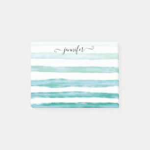 Modern Teal Green Watercolor Stripes Girly Script Post-it Notes