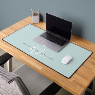 Modern Teal Green White Script Monogram Desk Mat