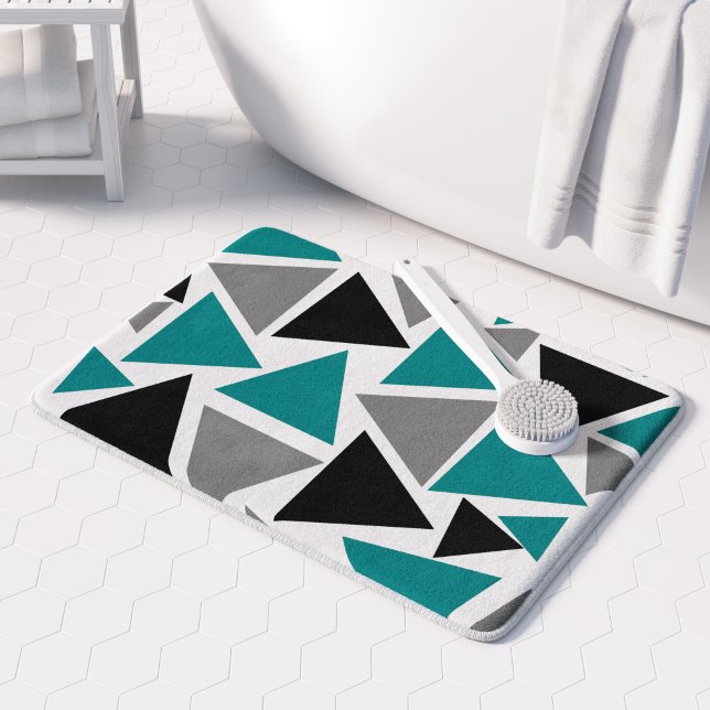 Modern Teal Grey Black White Triangle Pattern Bath Mat (Creator Uploaded)