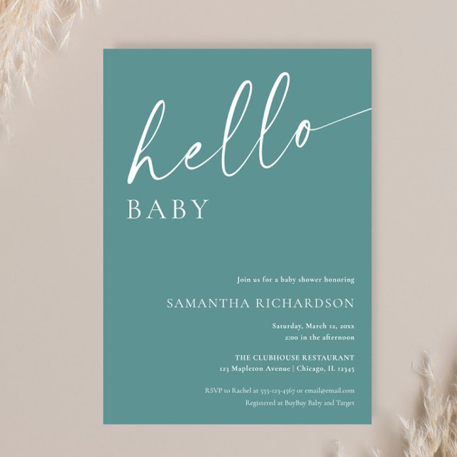 Modern teal hello baby gender neutral shower invitation (Creator Uploaded)