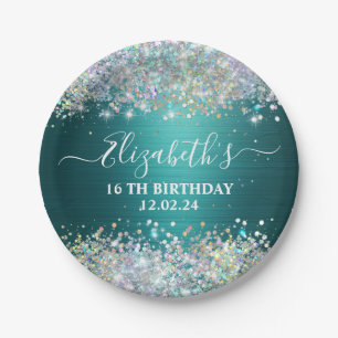 Modern Teal Holographic Faux Glitter Monogram Paper Plate