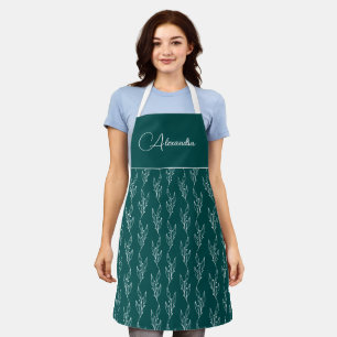 Modern Teal Leafy Floral Script Personalised Apron