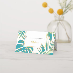 Modern teal leaves tropical wedding folded escort place card