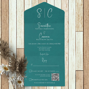 Modern Teal Minimal Monogram QR Code All In One Invitation