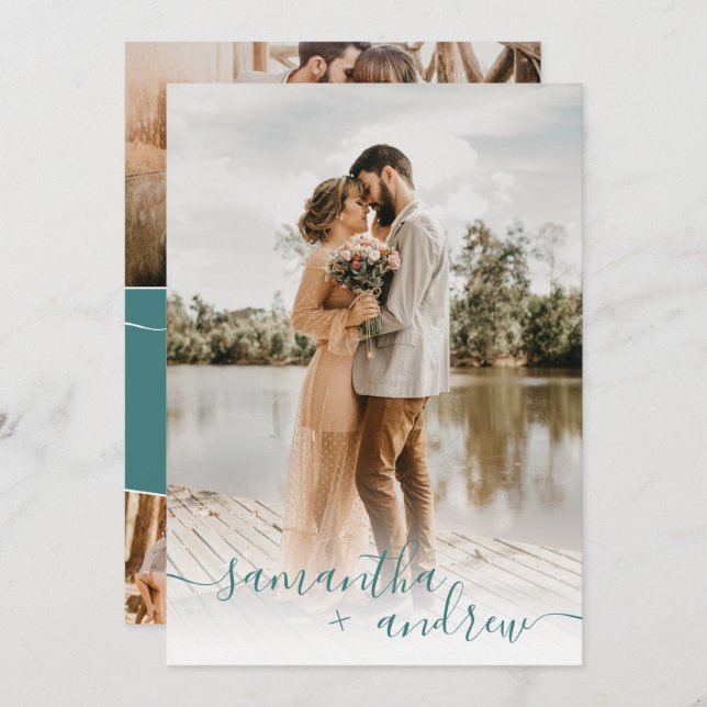 Modern teal minimalist script 5 photos wedding invitation (Front/Back)