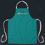Modern Teal Monogram Script Personalised Apron<br><div class="desc">Show your style with this Modern Teal Monogram Script Personalised Apron. It is designed with a solid dark teal all-over-print background and initial is in grey and name is in white calligraphy script lettering. Makes a great gift idea for women who love to bake and cook. Click personalise template option...</div>