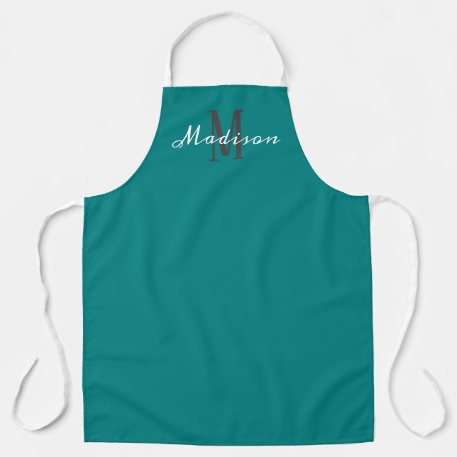 Modern Teal Monogram Script Personalised Apron (Front)