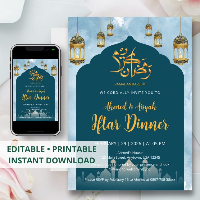 Modern Teal Mosque and Gold Lanterns Iftar Dinner Invitation (Creator Uploaded)