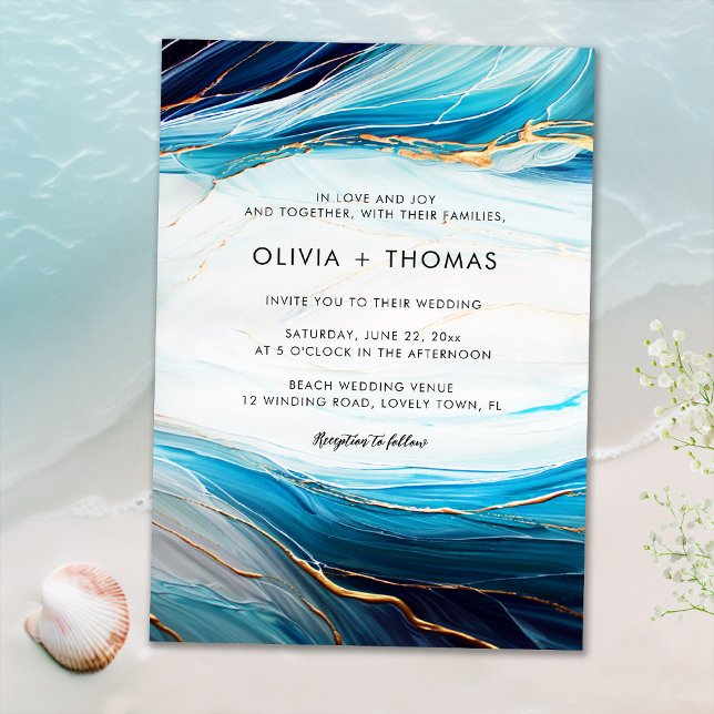Modern Teal Navy Gold Ink Ocean Wave Wedding Invitation (Creator Uploaded)