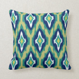 Modern teal navy lime white Ikat Tribal Pattern 1a Cushion