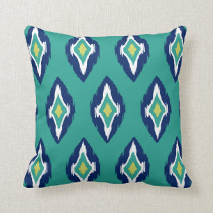 Modern teal navy white Ikat Tribal Pattern 1b Cushion