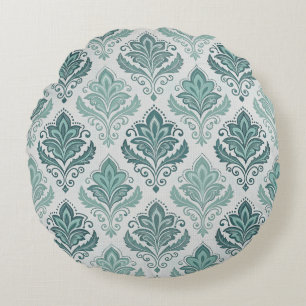 Modern Teal Nordic Damask Round Cushion