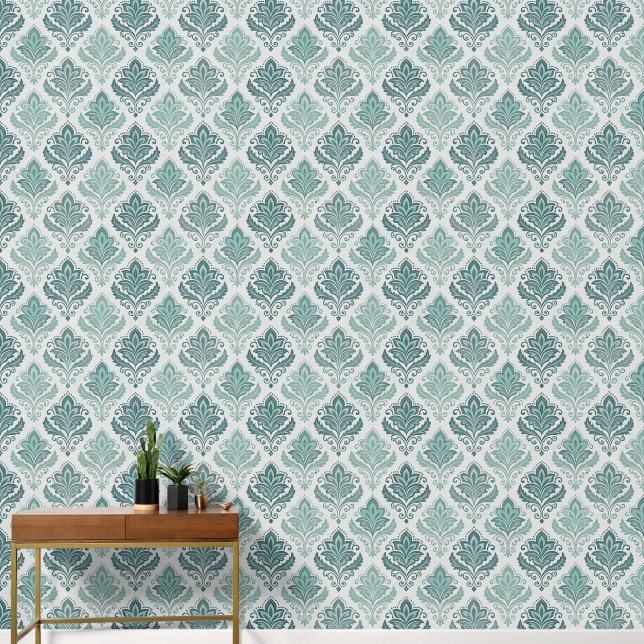 Modern Teal Nordic Damask Wallpaper (Hallway)