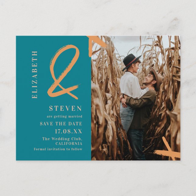 Modern teal orange ampersand photo save the date postcard (Front)