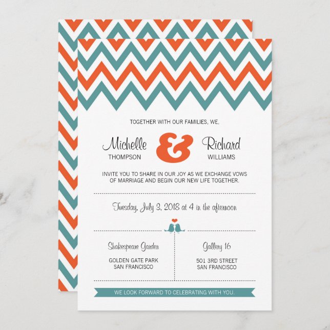 Modern Teal & Orange Chevron & Lovebirds Wedding Invitation (Front/Back)