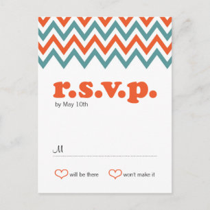 Modern Teal & Orange Chevron & Lovebirds Wedding Invitation Postcard