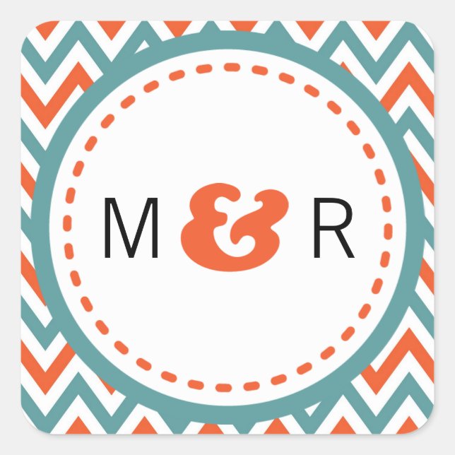 Modern Teal & Orange Chevron & Lovebirds Wedding Square Sticker (Front)