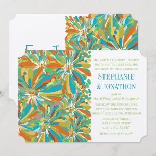 Modern Teal Orange Green Chrysanthemum Invitation