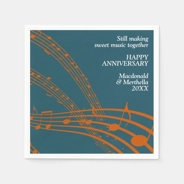 Modern Teal Orange SWEET MUSIC Happy Anniversary Napkin (Front)