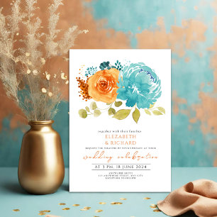 Modern Teal Orange Terracotta  Floral Wedding Invitation