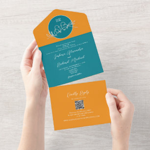 Modern Teal Orange Wedding Invitation with QR Code