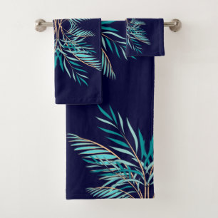 Modern Teal Palm Leaves Navy blue Bathroom Bath Towel Set