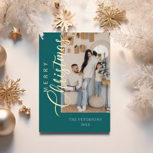 Modern Teal Photo Christmas Greeting Gold Foil Holiday Card