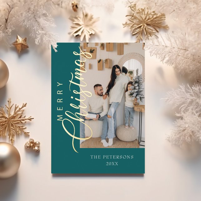 Modern Teal Photo Christmas Greeting Gold Foil Holiday Card (Modern Teal Photo Christmas Greeting Gold Foil Holiday Card with golden Christmas decoration.)