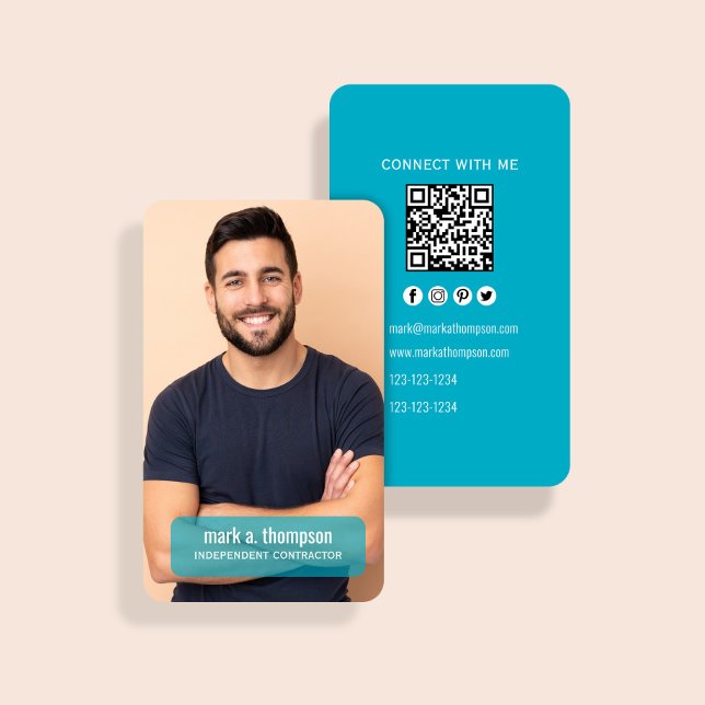 Modern Teal Photo QR Code Connect With Me Business Card (Modern teal QR code card with photo and clean minimalist contact layout)