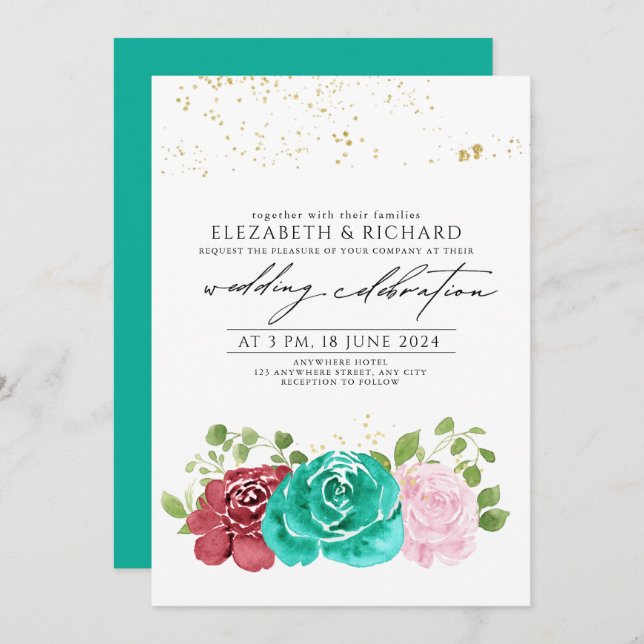 Modern Teal Pink   Red Floral Greenery  Wedding  Invitation (Front/Back)