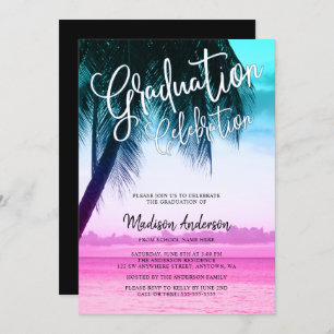 Modern Teal Pink Tropical Beach Graduation Party Invitation