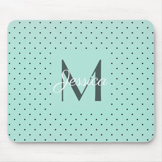 Modern Teal Polka Dot and Monogram Mouse Pad (Front)