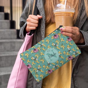 Modern Teal Queen Bee & Flowers Monogram Accessory Pouch