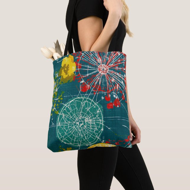 Modern Teal & Red Abstract Tote Bag (Close Up)
