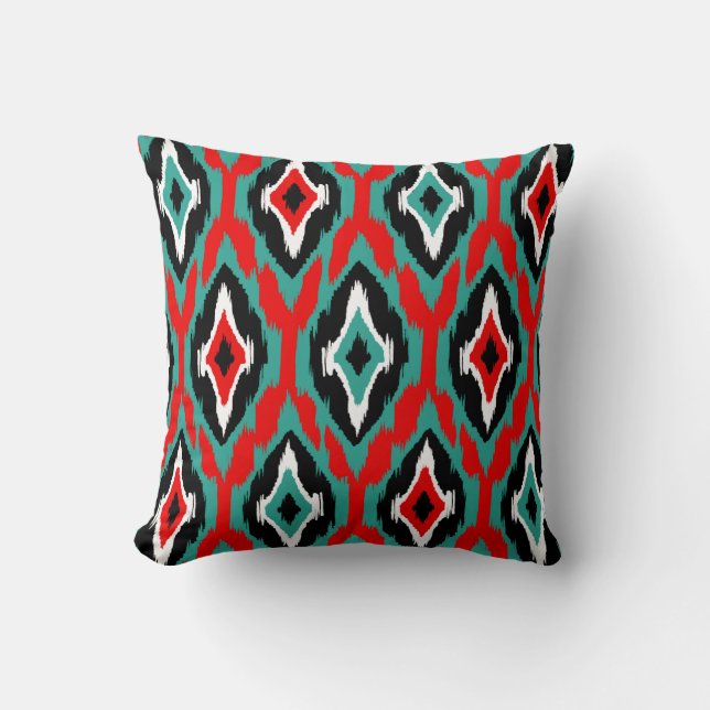 Modern teal red black Ikat Tribal Pattern 1a Cushion (Front)
