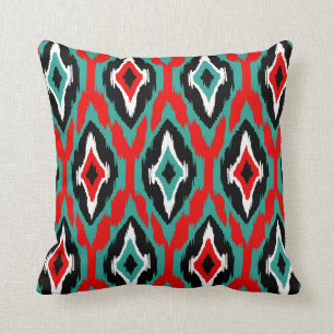 Modern teal red black Ikat Tribal Pattern 1a Cushion