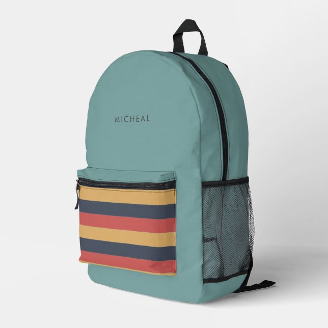 Modern Teal &  Retro Stripes Colour Block  Printed Backpack (Back Corner Right)