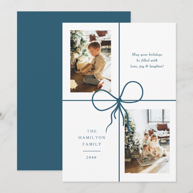 Modern Teal Ribbon Bow Wrap 2 Photo Christmas Holiday Card (Front/Back)