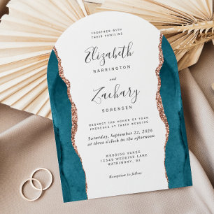 Modern Teal Rose Gold Agate Arch Wedding Invitation